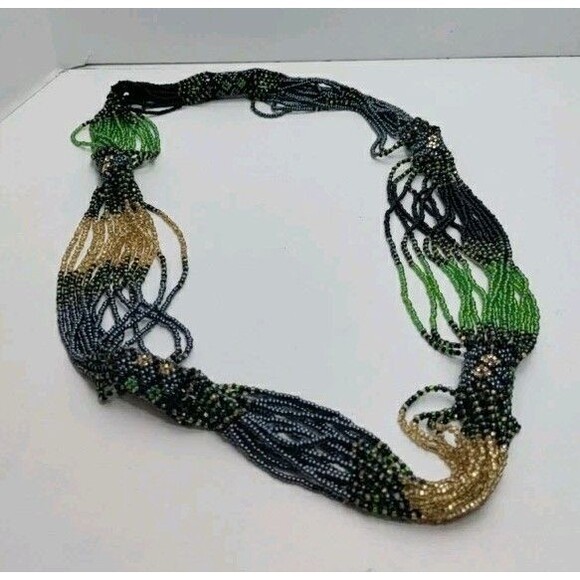 Green Black & Gold 16 Strand Bead Necklace 30 " Long - Picture 1 of 8